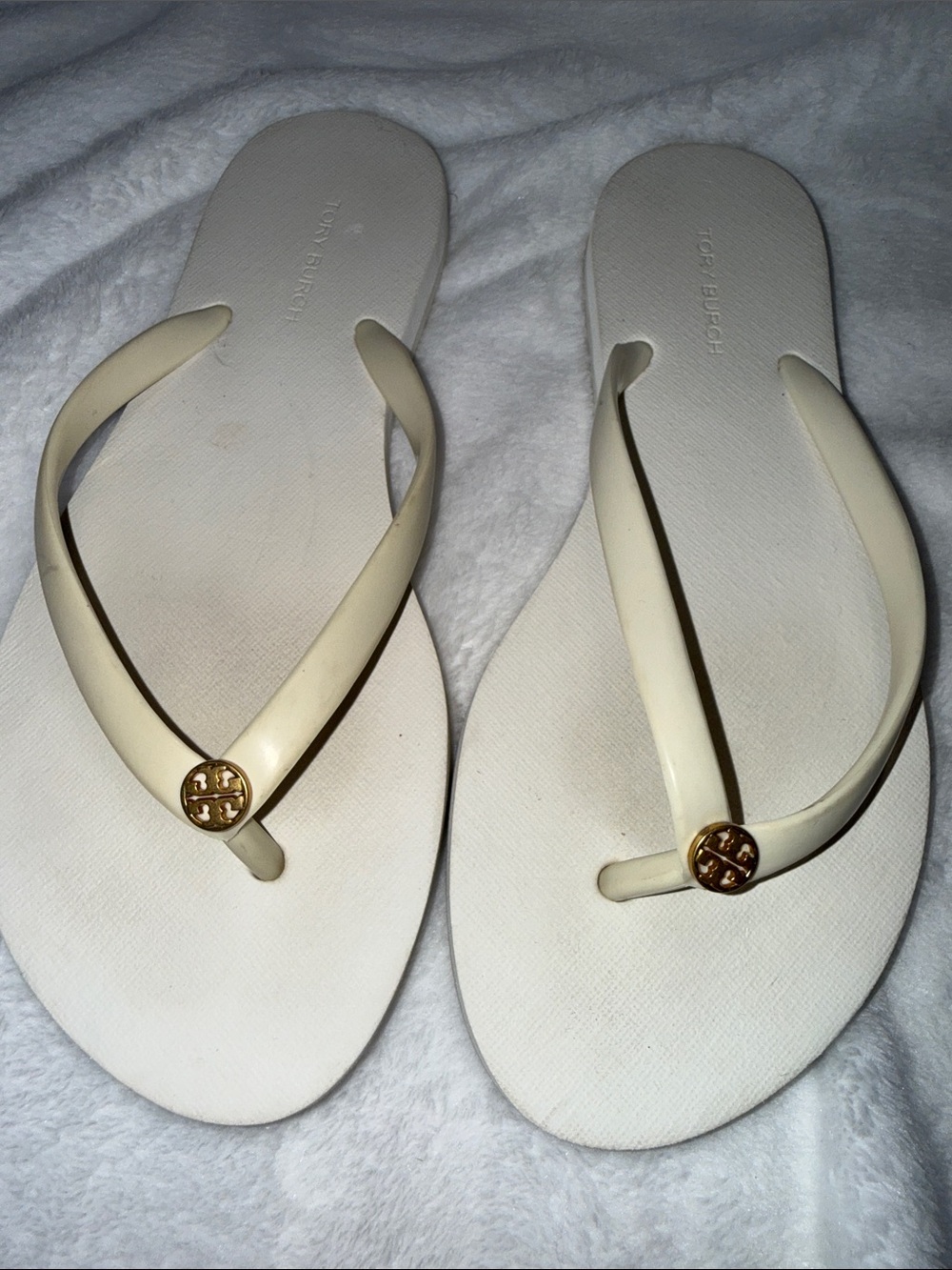 Tory Burch Cream Flip Flop Sandals with Gold Logo